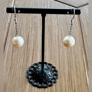925 Sterling Silver Round Off-White Pearl Dangle Earrings Hypoallergenic 1.5”L